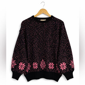 Vintage Black Pink Nordic Knit Sweater | 80s 90s Cozy Statement Pullover